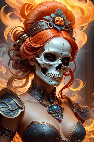 The dancing skull. the skull is made from smoke and fire. portrait, warrior, fantasy, intricate, elegant, highly detailed, digital painting, artstation, concept art, smooth, sharp focus, illustration, art by artgerm and greg rutkowski and alphonse mucha
