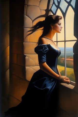 An old painting of a girl looking out the window of a Gothic castle, a brown-haired girl, side view, in profile, color correction by Boris Vallejo, full view of the woman, dark makeup on the girl, Gothic art, in watercolor,portraitart,veropeso