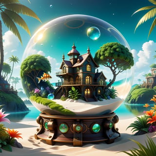 A soccer ball-sized chibi sphere of clear, shiny steampunk glass inside rests a lush miniature ecosystem that thrives in the soft light of an enormous moon, Inside, a tropical beach of fine white sand borders a crystal clear lake, where colorful fish swim among aquatic plants, tall palm trees sway their leaves in the wind, while exotic and vibrantly colored flowers bloom in a lush garden, on top of the green hill, a small house with steampunk lights on, "dreamlike abstraction inside a steampunk glass sphere", dynamic lighting, firefly murmurs, luminescent golden lines, patterns, sunny day background, neutral background outside the sphere, 8K concept art, Lou Xaz