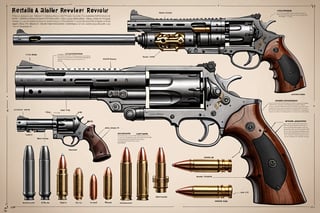 presents a detailed diagram of a large caliber revolver, showing its various parts and mechanisms. The gun is shown in section, the barrel and other components are clearly visible. Displays of used ammunition