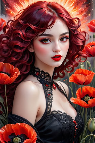 beautiful young, passionate, large expressive black eyes, scarlet lips, curly red-black hair, crimson poppies, crimson tulips, tongues of fire, lush watercolor, fine drawing, shine, diamond dust, filigree, work of art