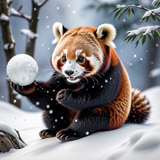 Red panda rolling a snowball, super detailed, Sumi-E style.