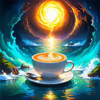 In this dreamlike digital painting, a coffee cup serves as a portal to a mystical realm. Inside the cup, the sea and islands hover on the surface, illuminated by a diminutive sun shining above. Fantastical colors blend seamlessly, casting an enchanting glow across the miniature landscape. Swirling lights dance across the waves, imbuing the scene with a sense of wonder and magic. Every whimsical element is adorned with intricate details, inviting the viewer to step into this surreal and captivating world.