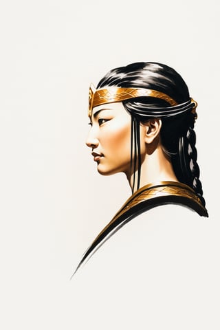 Sumi-E style of just the profile of an inner goddess in warrior outfit in their power no background,  studio lighting