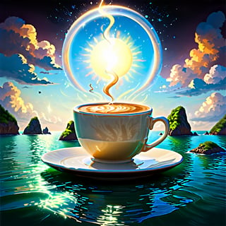 (digital painting, surrealism:1.2), magical world inside a coffee cup, sea and islands floating on the surface, small sun shining above the cup, dreamlike atmosphere, fantastical colors blending seamlessly, swirling lights dancing across the miniature landscape, surreal and enchanting mood, intricate details in every whimsical element, a sense of wonder and magic encapsulated in a single cup