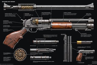 A detailed diagram of a revolving shotgun is presented, showing its various parts and mechanisms. The gun is shown in section, the barrel and other components are clearly visible. Displays of used ammunition