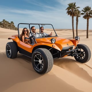  Sandy beach, palm trees, sand dunes, there was a buggy rally. Beautiful, top quality, professional shooting, masterpiece, aesthetically pleasing, in the style of Boris Vallejo