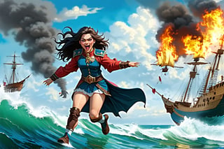 1girl, solo, heiress of the seas, running away, sea, surf, roaring, death cry, kalimdor, fire, smoke, theramore, admiral, daughter, enemy, unknown land, war, decisive battle, shipwrecks, hour of death, shipwreck, last order
