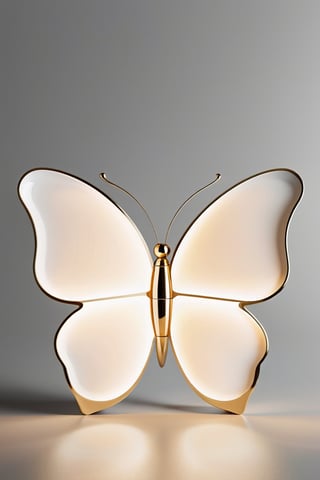 Render the iconic butterfly-shaped product in 3D, inspired by the minimalist elegance of Yves Saint Laurent's Peasant style and the functional simplicity of Dieter Rams' design philosophy. The metal body features a light golden chrome finish with intricate white acrylic details. Set against a clean, neutral background, the product is illuminated by studio lighting that accentuates its curves and textures.