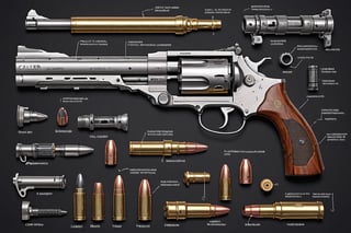 presents a detailed diagram of a large caliber revolver, showing its various parts and mechanisms. The gun is shown in section, the barrel and other components are clearly visible. Displays of used ammunition