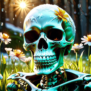 LegendDarkFantasy,DonMB4nsh33XL, (Masterpiece, best quality), (((in the center of the composition there is an icy number 8 and begins to melt))), bright cheerful first flowers, young green juicy grass, against the backdrop of a clearing with melting snow, Bright rays of the sun, beautiful, elegant, harmonious, aesthetics, professional photo , ISO-250, nerd art, Boris Vallejo style, octane render, CGI, 1024K,realistic,funny,skeleton,skull,more detail XL