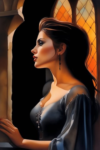 watercolor, An old painting of a girl looking out the window of a Gothic castle, a brown-haired girl, side view, in profile, color correction by Boris Vallejo, full view of the woman, dark makeup on the girl, Gothic art, in watercolor,portraitart,veropeso