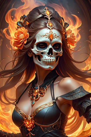 The dancing skull. the skull is made from smoke and fire. portrait, warrior, fantasy, intricate, elegant, highly detailed, digital painting, artstation, concept art, smooth, sharp focus, illustration, art by artgerm and greg rutkowski and alphonse mucha
