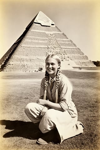 artist Indiana Johns, 1girl, 21 y.o.,  solo, archaeologist, yellow hair, long braids, open forehead, panama hat, khaki suit, green eyes, star-shaped pupils, armband, archaeologist's tools, sun, scorching sun, sweet smile, heavy shoes, against the backdrop of the Cheops pyramid, rarity, antiques, archeology, antiquity, archaeological excavation, divine, radiance, official indiana johns art, stile Indiana Johns