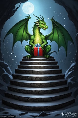 a green dragon sitting on top of steps , by Anne Stokes, (( Black bunny внизу ступенек идет домой)) , Dragon holding gift,  стоковое фото, new year wrapped presents, profile picture 1024px, discord pfp,  