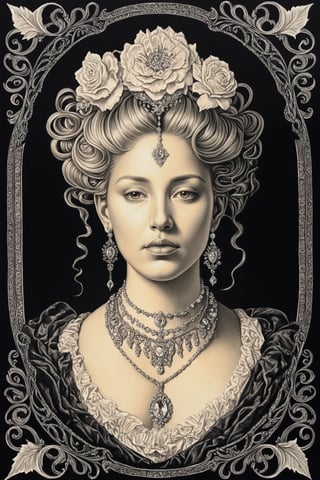 a drawing of a woman with flowers in her hair, intricate steampunk ornate, style of Rococo, detailed charcoal drawing, luxurious ornate golden jewelry, image of random arts, ornate with white diamonds, portrait of mournful, featured art, ornate patterned people, fulcolor