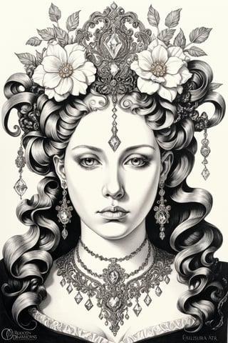 a drawing of a woman with flowers in her hair, intricate steampunk ornate, style of Rococo, detailed charcoal drawing, luxurious ornate golden jewelry, image of random arts, ornate with white diamonds, portrait of mournful, featured art, ornate patterned people, fulcolor