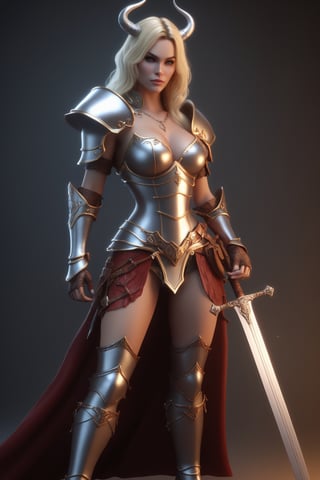 a woman dressed in armor holding a sword, stuning fantasy 3 d render, full body devil woman, 3 d graphics, enchantress, highly detailed soft lighting, arcane clothing, detailed character, elvish blonde male warrior, fiery coloring, game key art, mistress, art by by Boris Vallejo, octane render: 0.4, 3D render, realistic lighting: 0.5, soft Lightweight: 0.5, light soft shadows: 0.5, C-engine: 0.3, SSAAx4, SMAAx4, ray tracing: 0.4, realistic materials: 0.2, realistic fabric: 0.2, DirectX 12: 0.6, ultra realistic: 0.5, f/2.2, Leica, RAW, HDR, RTX, HD, 1024K