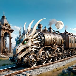 night time,realistic photo of white dragon train,a steampunk style,(masterpiece),(best quality),wheels, white dragon train on railroads ,steam ,moon night,perfect lighting, post-apocalyptic world,steampunk station background,buildings background,wide angle:1.5,dragon train,ste4mpunk