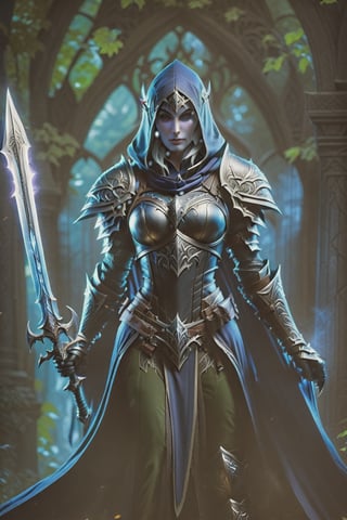 a woman dressed in armor holding a sword, sylvanas windrunner, 2. 5 d cgi anime fantasy artwork, character design : : gothic, 3 d render of a full female body, pale pointed ears, male rogue, the empress’ hanging, unclad, leblanc, promotional images, 32K, fantasy art,DonMD34thKn1gh7XL