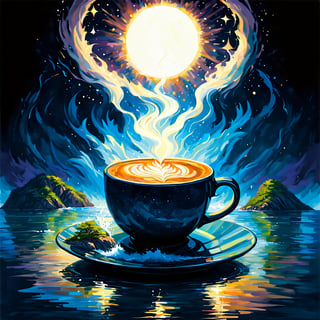 In this dreamlike digital painting, a coffee cup serves as a portal to a mystical realm. Inside the cup, the sea and islands hover on the surface, illuminated by a diminutive sun shining above. Fantastical colors blend seamlessly, casting an enchanting glow across the miniature landscape. Swirling lights dance across the waves, imbuing the scene with a sense of wonder and magic. Every whimsical element is adorned with intricate details, inviting the viewer to step into this surreal and captivating world.