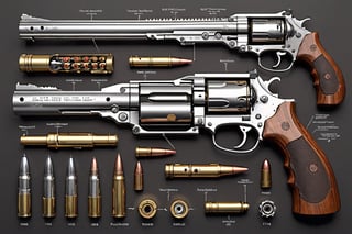 presents a detailed diagram of a large caliber revolver, showing its various parts and mechanisms. The gun is shown in section, the barrel and other components are clearly visible. Displays of used ammunition