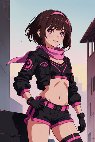 (((1girl, solo, altlenn, teenage girl, petite, flat chest, small and curvy body))), (((black jacket, open jacket, black and pink sports bra, pink fur-trimmed gloves, bandana, long sleeves, blunt bangs, medium hair, brown hair, pink eyes, black shorts))), thighs, thigh gap, (((black ops outfit))), (((looking at viewer, gentle smile, outdoors))), (((pretty girl, beautiful and delicate, perfect body, perfect anatomy)))
