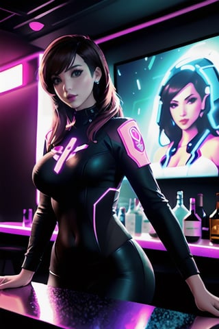 Amid the electric haze of a cyberpunk nightclub, where synths and beats merge in an auditory dance, D.Va's cosplay emerges as the nexus of allure and audacity, palpable in every curve of her silhouette. Her form-fitting bodysuit, reflecting the matrix of neon and holograms, casts her as the living emblem of this dystopian paradise. She positions herself defiantly at the bar, a beacon of raw passion amidst the sea of tech aficionados and night dwellers. Club lights, synced with the pulsating music, create a halo of vibrant colors around her. Depth of field pinpoints her as the epicenter, with blurred silhouettes of club-goers in the foreground and a cascade of bokeh effects from the overhead digital displays. This snapshot captures the essence of a night where past meets future, rendered in an ultra-realistic style, epitomizing the cyberpunk seductress in her natural habitat, luring and enchanting all who dare to venture close.