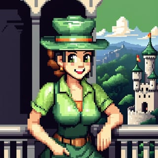 A man or a woman, wearing a beautiful green hat, a fashionable green hat, smile, half body, masterpiece, super detail, background single color, look at the camera, look at the audience, standing on the balcony, solid color background, super clear, super facial detail, intricate, (castle :1.3), pixel art,