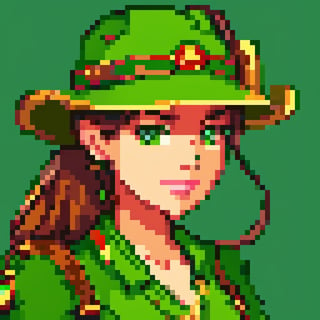 A beautiful green hat, trendy style green hat, half, masterpiece, super detail, background single color, look at the camera, look at the viewer, solid color background, Super clear, super facial detail, intricate, pixel art,Pixel Art