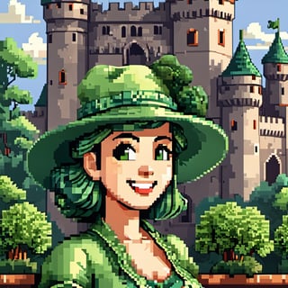 A man or a woman, wearing a beautiful green hat, a fashionable green hat, smile, half body, masterpiece, super detail, background single color, look at the camera, look at the audience, standing on the balcony, solid color background, super clear, super facial detail, intricate, (castle :1.3), pixel art,