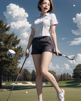 best quality, (masterpiece:1.2), detailed,1girl, solo, open mouth, light smile, light blush, short hair, brown hair, ahoge, blue eyes, middle breasts,outdoors, green, golf house, splash, clouds, Wearing mesh golf clothes. real Swinging while holding a golf club, real hand, wind, full_body,