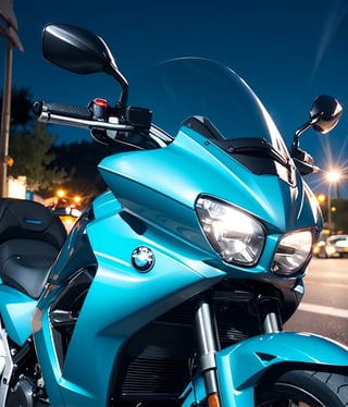 RAW phontograph of bmw bike, blue color,blue color bike, dark sky,cool, asthetic, spoilers,full bike in frame, full bike picture,highly detaited, 8k, 1000mp,ultra sharp, master peice, realistic,detailed grills, detailed headlights,4k grill, 4k headlights, neon city, great body kit,yhmotorbike