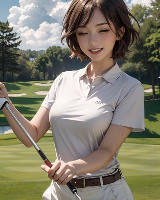 best quality, (masterpiece:1.2), detailed,1girl, solo, open mouth, light smile, light blush, short hair, brown hair, ahoge, blue eyes, one eye closed, middle breasts, looking at the viewer,outdoors, green, golf house, splash, clouds, Wearing golf clothes. Swinging while holding a golf club,