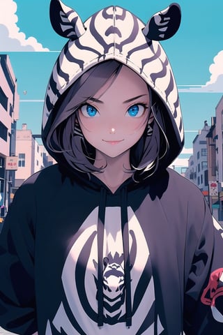 //quality
Masterpiece, ultra detailed, hyper high quality, quality beyond the limits of AI, the ultimate in wisdom, top of the line quality, 8K,
//Character
1girl, Beautiful eyes, detailed eyes, big eyes, smirk, 
//Fashion
(zebra hoodie:1.3), 
//Background
Beautiful blue sky, calm sunshine, snow city, upper_body, ppcp
