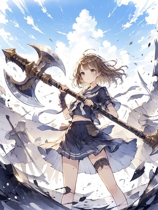 Official Art, Unity 8K Wallpaper, Extreme Detailed, Beautiful and Aesthetic, Masterpiece, Top Quality, perfect anatomy, a beautifully drawn (((ink illustration))) depicting, integrating elements of calligraphy, vintage, 
A girl standing with (a huge battle axe:1.1), 
The battle axe is bigger than the girl's height.
Battle axe blade glistening silver.
Short brown hair. Serafuku.
Beautiful eyes. Beautiful hair.
Very detailed and quality illustration.
Blue sky, summer sky. upper body, 
masterpiece, top quality, aesthetic, 
battle_axe,(Pencil_Sketch:1.2