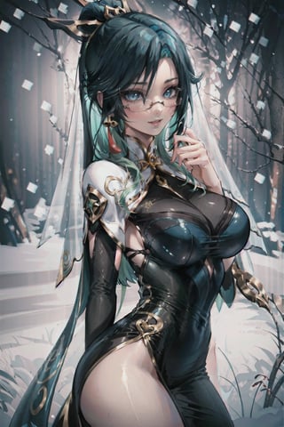 masterpiece, best quality, highres, perfect hand, intrincate details, perfect fingers, china city background, head to thighs, 1girl, upper body, veil, ((big_breasts)), kinky smile, xianyun, china dress, anime girl, 1 person, black and green hair, long hair, blue eyes, (black dress with golden embroidery), big breasts, discreet, dynamic pose, hands behind back, standing, photoshoot, Christmas, forest scenery, snowfall, solo, front view, (full HD 4K+ photo)",semirealistic,1 girl, earrings, dress,wrenchfaeflare, medium breasts,xianyun, glasses, gentle smile, wink, cowboy_shot