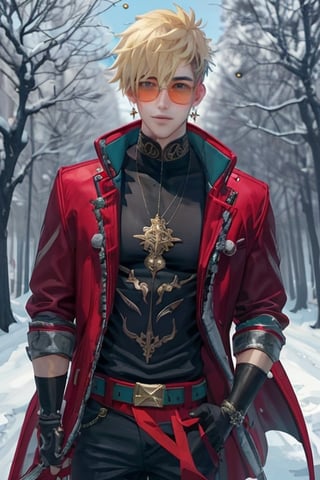 ((male character)), 1boy, (((masterpiece))), (((intricate details))), (((best quality))), vibrant colors, unique, unlimited colors, SakimiStyle,Anime, ((christmas)), christmas party in a snow forest, (((symmetrical face))), head to thighs, Vash the stampede,wrenchftmfshn, ((blonde boy)), orange glasses,