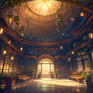Frontal side, finely detail, Depth of field, (((masterpiece))), ((extremely detailed CG unity 8k wallpaper)), intricate detail, (best illumination, best shadow), (((magic around))), ((a garden where there is a huge greenhouse with a glass dome, inside it has benches and tables as if it were a park, in addition everything inside the greenhouse is a garden and there are plants everywhere, it is divided into 4 parts and each part houses a season of the year. , right is spring, left is winter, up is summer and down is autumn))