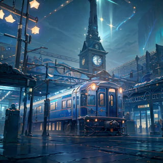 Frontal side, finely detail, Depth of field, (((masterpiece))), ((extremely detailed CG unity 8k wallpaper)), intricate detail, (best illumination, best shadow), (((magic around))), ((train station)), (((train to the stars))), (((firmament with stars and lights in the sky))),
