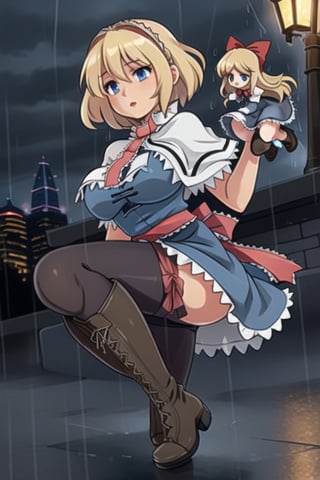 city, night, clouds, rain, alice margatroid, shanghai doll, 1girl, blonde hair, blue eyes, capelet, boots,dress,sash, bow, hair bow, short hair, cross-laced footwear, blue dress, lace-up boots, big breasts, pantyhose, curvy,
thick thighs,
