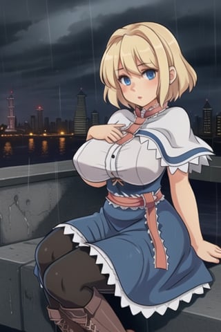 city, night, clouds, rain, alice margatroid, shanghai doll, 1girl, blonde hair, blue eyes, capelet, boots,dress,sash, bow, hair bow, short hair, cross-laced footwear, blue dress, lace-up boots, big breasts, pantyhose, curvy,
thick thighs,