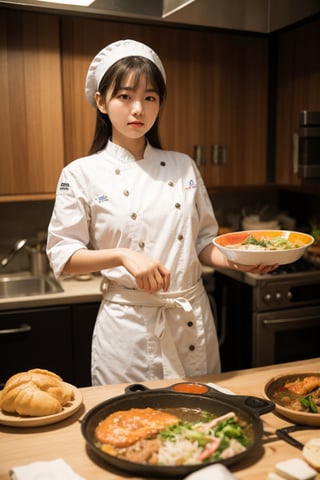 Me,a beautiful child,16 years old, blue eyes,childish face,,8k,European pre-teen, korean, (photo realistic:1.4), (detailed young face),
Korean woman, Chef, wearing a traditional white chef's jacket and black pants, with a tall chef's hat perched on her head, meticulously preparing a delicious Korean dish in a bustling kitchen. The scene is captured in stunning 4K resolution, showcasing the vibrant colors and textures of the ingredients she is working with. She is appearing in a cooking show, showcasing the traditional flavors and techniques of Korean cuisine. The still photo is of high resolution, expertly captured using a Sony Alpha A7R IV camera, with overhead lighting highlighting her focused expression and the intricate preparation of the dish. She is focused and confident in her movements, embodying the passion and skill that goes into creating each and every delicious bite.