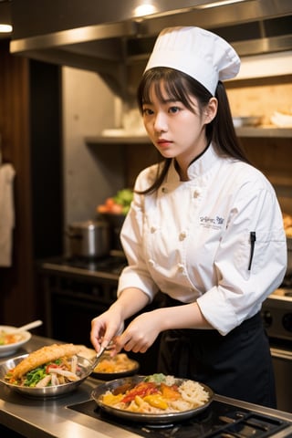 Me,a beautiful child,16 years old, blue eyes,childish face,,8k,European pre-teen, korean, (photo realistic:1.4), (detailed young face),
Korean woman, Chef, wearing a traditional white chef's jacket and black pants, with a tall chef's hat perched on her head, meticulously preparing a delicious Korean dish in a bustling kitchen. The scene is captured in stunning 4K resolution, showcasing the vibrant colors and textures of the ingredients she is working with. She is appearing in a cooking show, showcasing the traditional flavors and techniques of Korean cuisine. The still photo is of high resolution, expertly captured using a Sony Alpha A7R IV camera, with overhead lighting highlighting her focused expression and the intricate preparation of the dish. She is focused and confident in her movements, embodying the passion and skill that goes into creating each and every delicious bite.