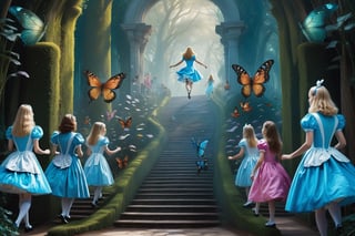 e. s. esher like background, masterpiece, alice (alice in wonderland) running stairway, followed by a bunch of female humanoids,Butterfly Style