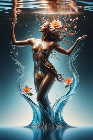 a godess with flower and tree, tranforming from liquid matter and glass to living woman, human upperbody  and glass underbody, surrealism aura, charismatic dancing pose, flowing water lines elements