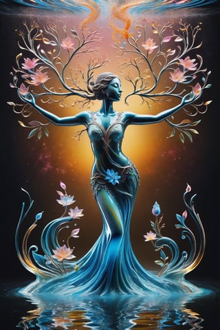 a godess with flower and tree, made from liquid matter and glass, surrealism aura, charismatic dancing pose, flowing water lines elements