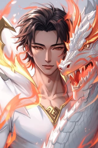 Handsome oriental boy and white dragon (golden dragon horn), masterpiece, very high quality, official art, cg 8k wallpaper, (fantasy style), masterpiece, best quality, light particles, very detailed, best lighting, (beautiful face), incredibly detailed, (very beautiful), (best quality)