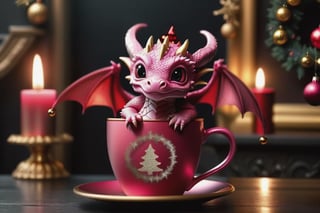 a dark gothic, pink lady baby dragon wearing a red Christmas hat, in a golden 
 Christmas cup. surrounding by dark gothic room, soft cinematic lighting, highly detailed, 8k