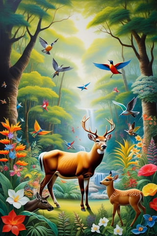 A painting of people and animals in the forest, a surreal painting inspired by Naxos Daphnis, Tomoyuki Yamazaki, Adam and Eve in the Garden of Eden, Kim Hyung Tae, Kanye, mythology, hunting, deer, cow, lama, bird of paradise, flowers... illustration,extremely colorful,high detailed, Masterpiece